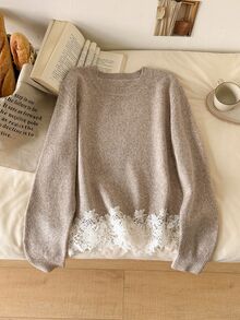 CosyJoli Gentle French Lace Patchwork Round Neck Long Sleeve Sweater - Camel - View 4