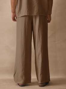 Musero Straight Leg Button Detail Elasticated Drawstring Waistband Trouser Linen Pants Spring Summer Essentials - Brown - View 4