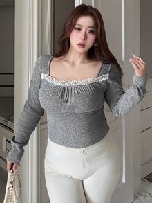 Dazy Plus Patchwork Contrast Color Lace Trim Ruched Slim Fit Cropped Long Sleeve Square Neck Elegant Girl Spring Autumn Top T-Shirt - Grey - View 7