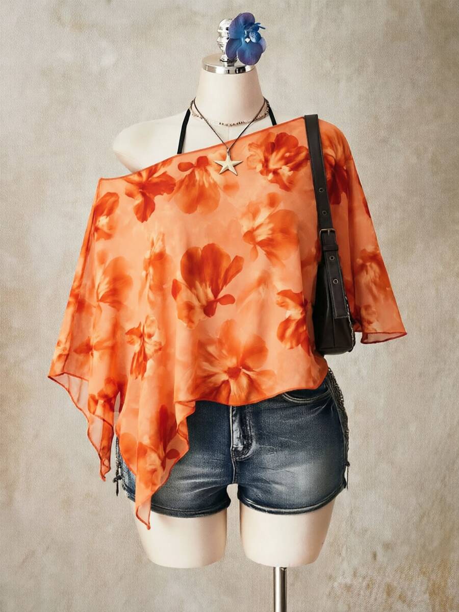 SHEIN ICON Plus Floral Print Asymmetrical Neck Top - Multicolor - View 1