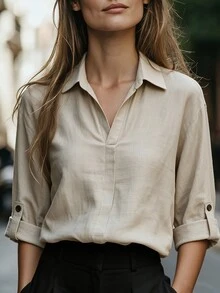 SHEIN Franclia Women's Beige Lapel Pullover Shirt, Loose Lazy Casual French Commute Top Brunch Vacation Summer - Khaki - View 2