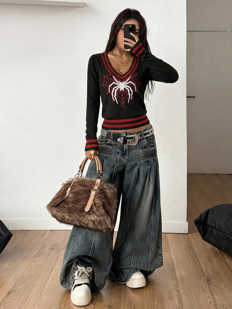 Coolane Casual Minimalist Style Red & Black Spider Contrast Deep V-Neck Women's Sweater, Suitable For Autumn/Winter, Versatile - Multicolor - View 4
