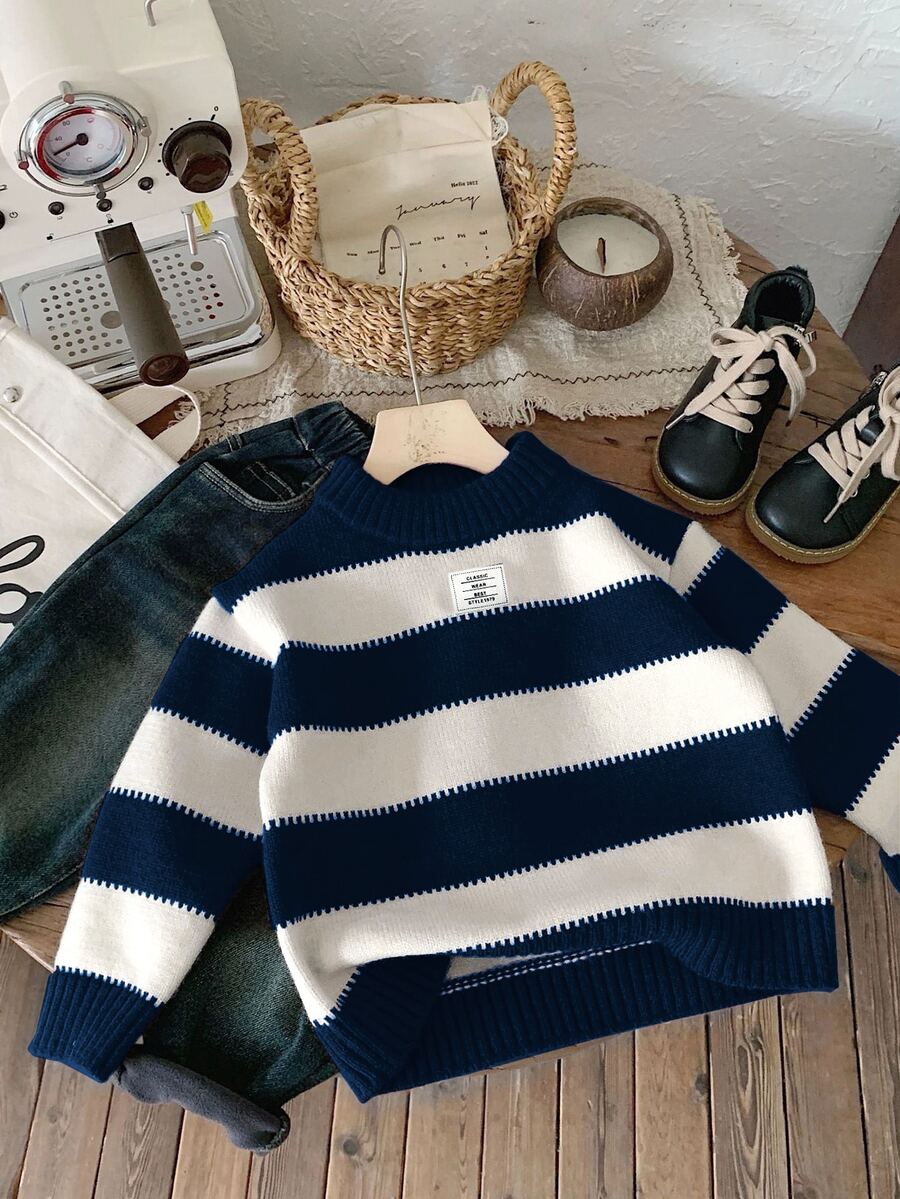 SHEIN 小男孩秋冬休閒拼色條紋毛衣 - 藏蓝色 - 查看 1