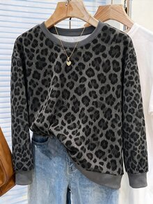 INAWLY Plus Size Casual Leopard Print Sweatshirt, Autumn/Winter - Grey - View 3