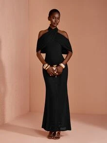 JIAN LASALA Solid Cross Wrap Halter Neck Mermaid Hem Maxi Dress - Black - View 3