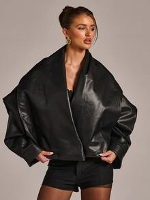 SHEIN BAE Women's Fashion Commuter Night Out Going Out Design Jacket Halloween Black Autumn Casual Rave Grunge - Black - View 4