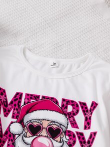 SHEIN Piyama Natal Musim Gugur/Dingin untuk Remaja Perempuan, 2 Potong, Pas Badan, Lengan Panjang dan Celana, Motif Huruf - Putih - View 3