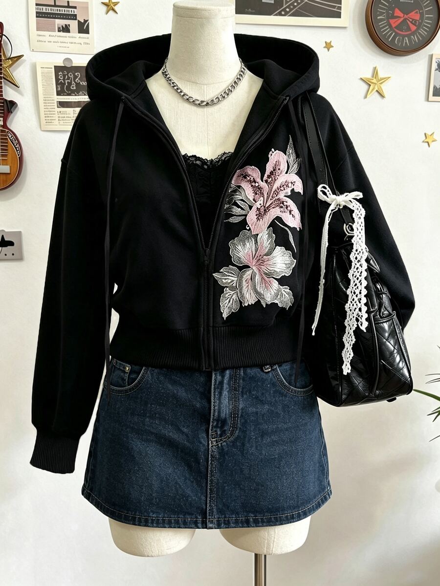 Lalippa Best-Selling Women's Casual Knit Loose Cropped Long Sleeve Sweatshirt/Print Design - Lily Flower Pattern/Black Sweatshirt - Black - View 1