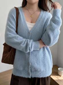 Dazy Plus Solid Color Loose V-Neck Long Sleeve Casual Vacation Elegant Girl Sweater Autumn/Winter Knit Cardigan - Baby Blue - View 4