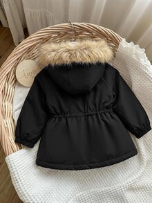Baby Girl Cute Autumn/Winter Versatile Black Thermal-Lined Hooded Fur Collar Jacket - Black - View 5
