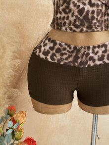 Soleia Plus Size Leopard Print Asymmetrical Collar Top And Shorts 2 Pieces Set - Brown - View 3