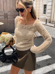 Livesso 女款極簡百搭毛邊長袖優雅針織衫街頭風 - 咖啡棕 - 查看 3