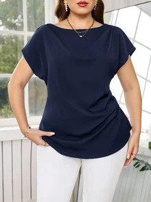 Reflora 大尺碼夏季優雅通勤純色收腰襯衫 - 藏蓝色 - 查看 5