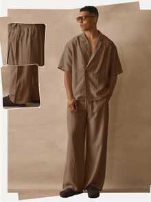 Musero Straight Leg Button Detail Elasticated Drawstring Waistband Trouser Linen Pants Spring Summer Essentials - Brown - View 6