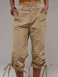 MUSERA Khaki Utility Ruched Leg Tie Capri Pant Summer Autumn Everyday Date Night Holiday Vacation Dazed - Khaki - View 2