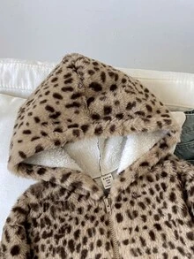 SHEIN 青少年女孩秋冬時尚豹紋人造毛連帽長袖外套，穿搭必備時尚單品 - 卡其色 - 查看 4