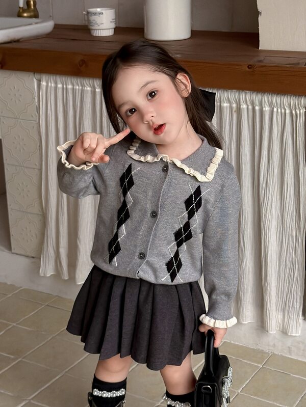 DAZY Infant/Toddler (Girl) Collared Long Sleeve Autumn/Winter Diamond Lattice Korean Style Colorblock Cardigan