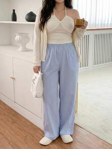 Dazy Plus 3-Piece Set Cardigan, Spaghetti Strap Strap Top, Striped Loose Straight Leg Pajama Pants Loungewear Set - Apricot - View 3