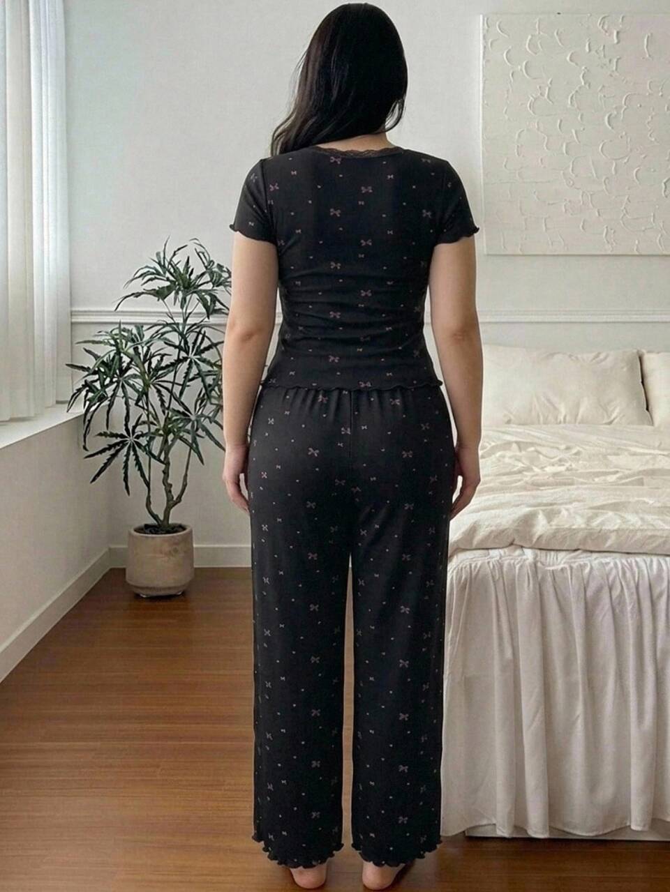 Dazy Plus 2pcs Lace Patchwork Short Sleeve Cardigan Top & Straight Leg Long Pajama Pants Sleepwear Set