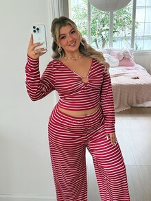Slumberry CURVE Plus Size Women's Sweet & Spicy Striped Knit Fabric Heart Decor Long Sleeve Long Pants Pajama Set - Red and White - View 1