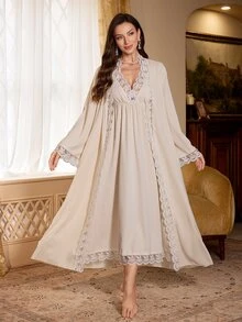 PalaceNights Embroidered Lace Trim Patchwork Long Sleeve Long Robe + Sleeveless Cinched Waist Dress Women's Pajama Set - Apricot - View 1