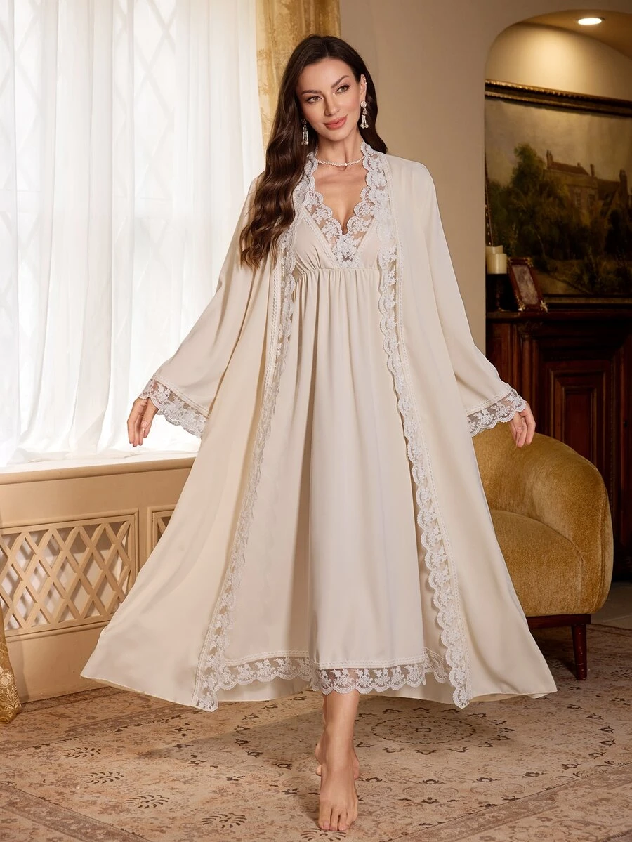 PalaceNights Embroidered Lace Trim Patchwork Long Sleeve Long Robe + Sleeveless Cinched Waist Dress Women's Pajama Set - Apricot - View 1