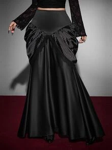 Whyspr Plus Size Black Lace Patchwork High Waist A-Line Halloween Skirt - Black - View 1