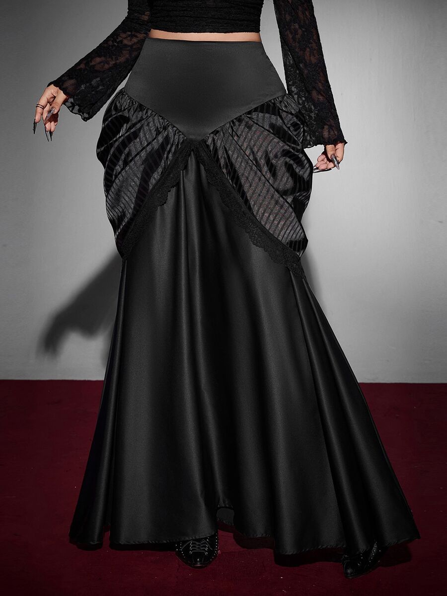 Whyspr Plus Size Black Lace Patchwork High Waist A-Line Halloween Skirt - Black - View 1