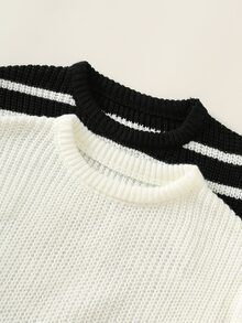 SHEIN 2件組返校季小男孩黑白條紋紋理寬鬆套頭毛衣，居家、疊穿、外出與學校穿搭的百搭多件套裝 - 黑與白 - 查看 5