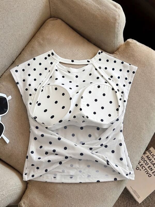 INAWLY Plus Size Sexy Polka Dot Print Knot Backless T-Shirt, Summer