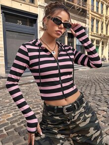 SHEIN EZwear 條紋印花拉鍊抽繩連帽衛衣 - 粉色 - 查看 6