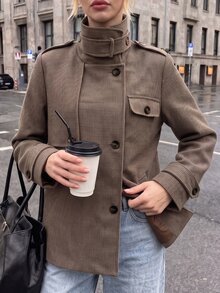 Struktiv Women High Neck Epaulet Houndstooth Waist Cinched Wool Blend Jacket - Brown - View 1