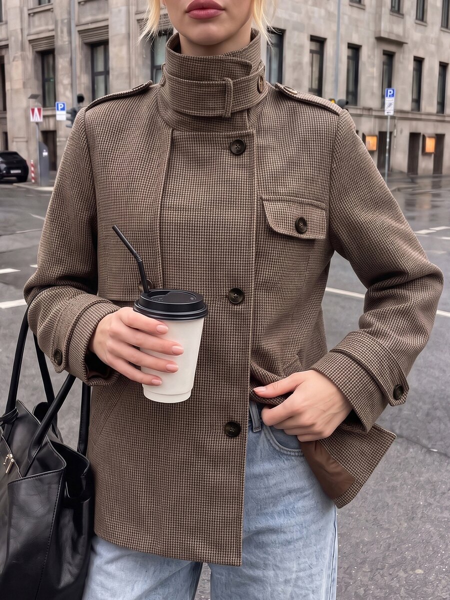Struktiv Women High Neck Epaulet Houndstooth Waist Cinched Wool Blend Jacket - Brown - View 1