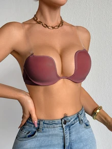 SHEIN 1pc Underwire Push-Up Transparent Strap Bra - Redwood - View 3