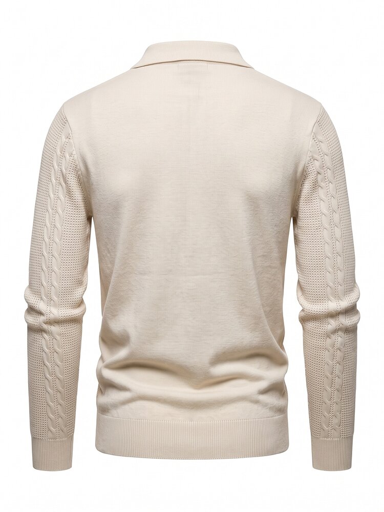 Manfinity Mode Men's Polo Collar Casual Long Sleeve Half-Zip Pullover Sweater, Casual Knitted Spring Autumn Winter Top, Loose Fit Beige Pullover Top, Fashionable Minimalist Commuter Outfit British Vintage Loose Style, Versatile Cable Knit Zip Long Sleeve Pullover Sweater - Beige - View 2