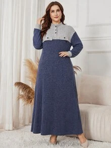 Lacomfia Autumn/Winter Elegant Casual Round Neck Pullover Knit Textured Ribbed Patchwork Faux Pocket Button Detail Long Sleeve Plus Size Women's Long Dress - Multicolor - View 3