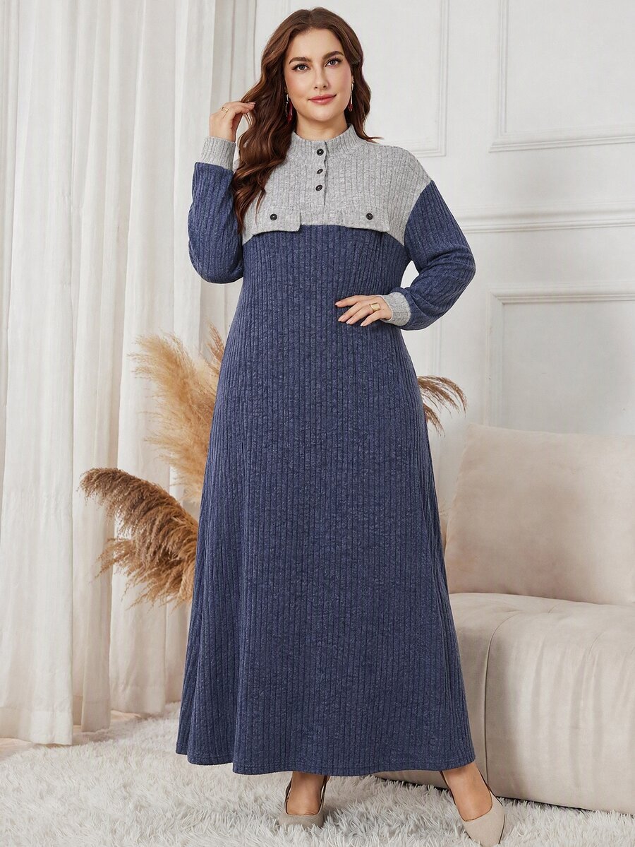 Lacomfia Autumn/Winter Elegant Casual Round Neck Pullover Knit Textured Ribbed Patchwork Faux Pocket Button Detail Long Sleeve Plus Size Women's Long Dress - Multicolor - View 1