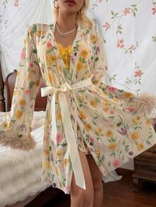 CottageSlumber Mature Style Spring Floral Digital Print Feather Bell Sleeve Robe & Sexy Yellow Lace Corset Cami Pleated Mermaid Nightgown 2 Pieces Set For Women - Multicolor - View 7