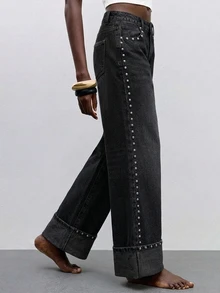 Maija Celana Jeans Wanita Model Lurus dengan Hiasan Manik-Manik - Hitam - View 4
