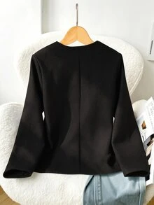 SHEIN Jaket Anak Perempuan Remaja Musim Gugur Warna Hitam Kerah V Tanpa Kancing, Jaket Tweed Tenun Lengan Panjang Warna Polos, Atasan Depan Terbuka Pas Badan yang Lucu untuk Sekolah di Luar Kampus - Hitam - View 3