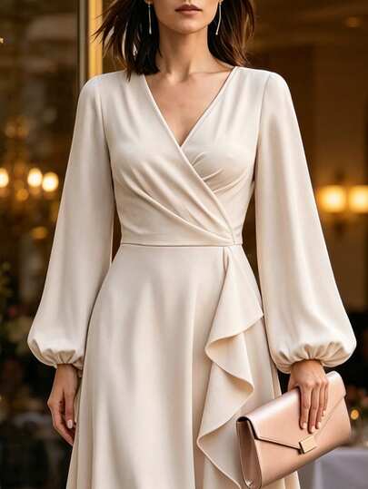 SHEIN LUNE CURVE Vestido largo de cuello en V para mujer de talla grande con bajo de falda asimétrico. Adecuado para fiestas elegantes, vacaciones, reuniones y salidas diarias de otoño