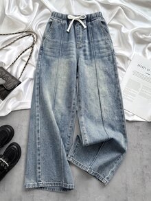 SHEIN 青少年女孩腰部繫帶寬腿寬鬆牛仔長褲 - 淺色水洗藍 - 查看 1