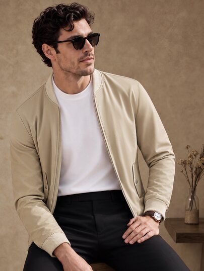 Core Aspect Men's Solid Color Long Sleeve Zipper Casual Baseball Jacket