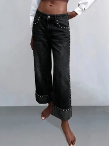 Maija Celana Jeans Wanita Model Lurus dengan Hiasan Manik-Manik - Hitam - View 8