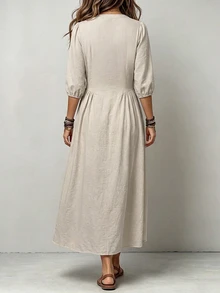 Linhara Plus Size Women Grey Midi Dress V-Neck Half Placket Front Button 3/4 Puff Elastic Cuff Sleeve Cinched Waist Flowy A Line Casual Boho Vacation Summer - Apricot - View 2