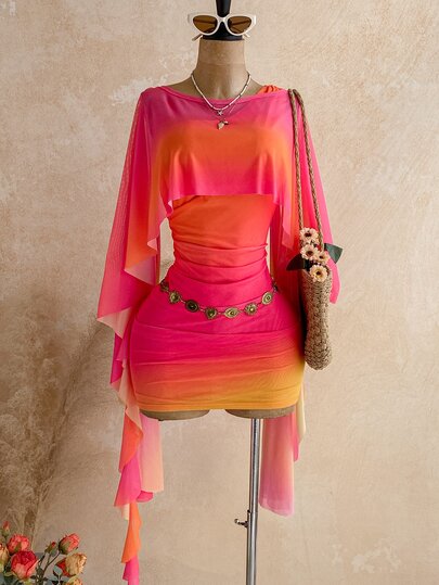 Soleia Conjunto de 2 piezas de top tipo chal y vestido con estampado degradado para mujer