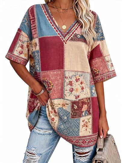 Breezaya Plus Size Solid Half Sleeve T-Shirt, Casual V Neck T-Shirt For Summer, Women's Plus Size Clothing