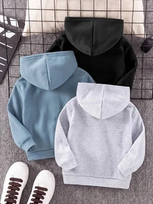 SHEIN 3件組男嬰秋冬休閒運動可愛百搭字母圖案長袖連帽衛衣，綠色男孩連帽衫多件裝，適合室內、戶外、日常、運動、玩耍、派對、攝影、度假、假日、電音派對 - 彩色 - 查看 2
