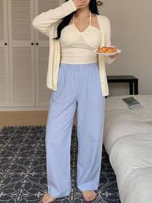 Dazy Plus 3-Piece Set Cardigan, Spaghetti Strap Strap Top, Striped Loose Straight Leg Pajama Pants Loungewear Set - Apricot - View 5