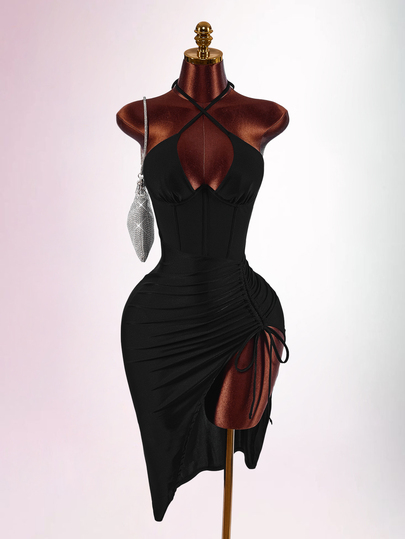 Amplova Vestido sexy y elegante para mujer con cordón ajustable, efecto ballena y abertura lateral